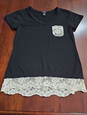 Justify Black Tee with Contrasting Cream Lace Detail